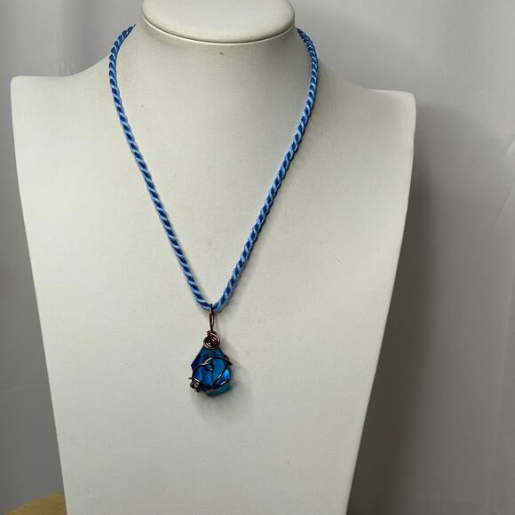 blue wire wrapped pendant costume jewelry necklace twisted cord bohemian boho - Picture 10 of 14